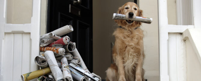 dog with pile of newspapers